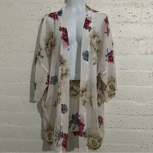 Ann Taylor Womens Cardigan One Size White Floral Sheer Kimono Jacket  AX1